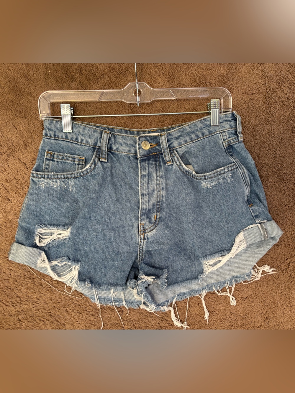 Forever 21 Distressed Cuffed High-Rise Denim Shorts - Blue